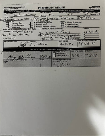 Jeffrey Dahmer Prison Disbursement Request Document