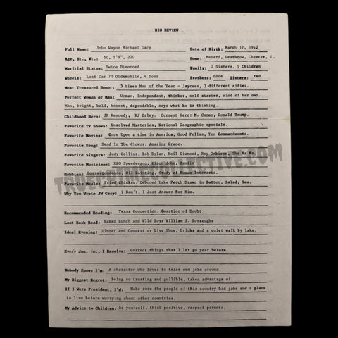 John Wayne Gacy Original Bio Questionnaire